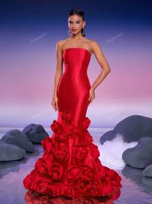 Women's Solid Color Strapless Dress With 3D Floral Decor, Elegant Evening Gown, Formal, Party Dress, For Wedding Guest