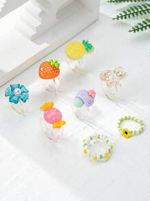 8pcs/Set Summer Dopamine Flower Resin Rings, Elegant Fresh And Simple Fruit Design Pineapple & Strawberry Rings For Women