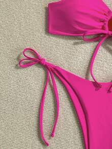 女士时尚比基尼套装，性感基础款系带时尚泳衣，适合女士夏季海滩度假 - 玫紅色 - 查看 6