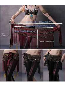 女士肚皮舞臀巾服装东方亮片长流苏肚皮舞腰带裹裙腰饰狂欢派对装饰 - 彩色 - 查看 3