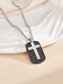 1pc Stainless Steel Letter Cross & Dog Tag Style Pendant Necklace For Men - Multicolor - View 1
