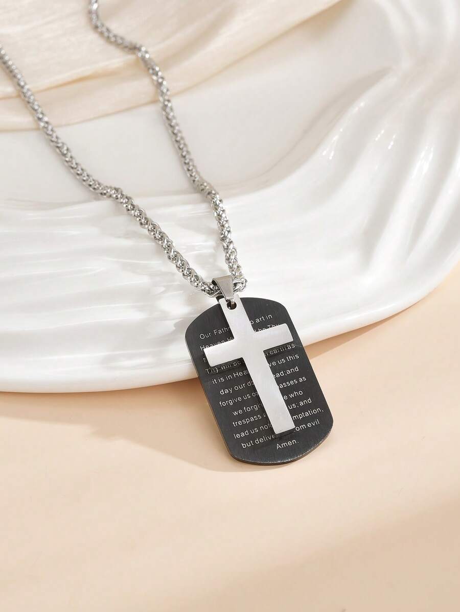 1pc Stainless Steel Letter Cross & Dog Tag Style Pendant Necklace For Men - Multicolor - View 1