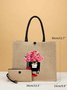 2 Pieces Linen Travel Set, Tote Bag Minimalist & Practical Multifunctional - Khaki - View 6