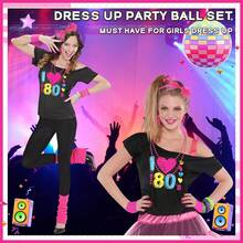 80 年代女士服装配饰套装，1980 年代化装舞会礼服，含 T 恤头带、闪电耳环、项链、手链、网眼袖子，80 年代复古主题派对角色扮演万圣节服装 - 玫紅色 - 查看 8