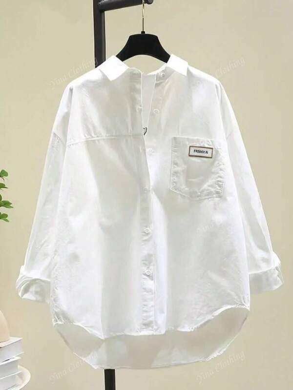 Letter Embroidery Pocket Front Short Back Long Casual Shirt