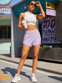 Women's Athletic Shorts High Waisted Running Shorts Pocket Sporty Short Gym Elastic Workout Shorts - Mauve Purple - View 2