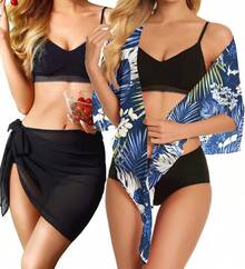 CHICGAL 2 Pieces Women Beach Sarong Bathing Suit Wrap Skirt Sheer Bikini Swimsuit Cover Ups Swimwear - 黑色和深藍色葉子 - 查看 2