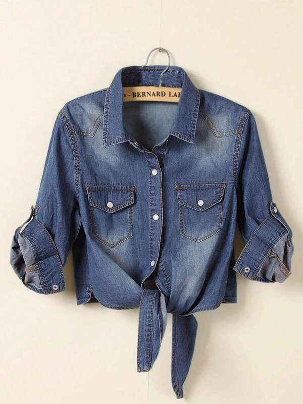 Damen Bluse mit 3/4 Ärmeln, Bindebändern und Knoten vorne, aus Chambray-Jeans-Stoff, Crop Top