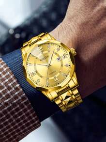 Reloj de cuarzo de marca de lujo para hombre, de acero inoxidable dorado, con fecha, visualización del día de la semana, acentos de diamantes y esfera luminosa