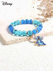 Disney 1 Disney  Bracelet, Blue And Purple Cat's Eye Beads, Stitch And Angie Cartoon Pattern, Crystal Elastic Bracelet Children's Gift Bracelet, Valentine's Day Gift