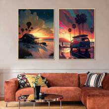 1 pieza Impresiones y carteles de arte de pared con opción de marco - Escenas naturales de viaje con vista al mar, pueblo costero, coches - Decoración de arte de lienzo para la sala de estar del hogar - Cuadros de pared - Regalos