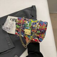 Fashionable & Cute Graffiti Print Chain Crossbody Bag, Shoulder Bag, Square Bag With Random Prints. Suitable For Shopping, Wallet, Young Women, University Students, Fresh Graduates, White Collar. Ideal For Office, University, Work, Business, Commuting, Outdoor Activities, Travel And Picnics. - Multicolor - View 15