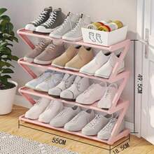 Four-Layer Large Z-Shaped Shoe Rack, Easy To Assemble Without Tools, Pink Plastic Stackable Storage Organizer, Suitable For Home, Dormitory And Living Room, Space-Saving Floor Design, Shoe Storage Organizer