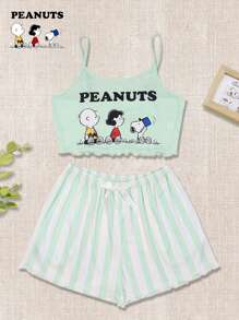 SNOOPY Authorized PEANUTS Snoopy Cute Printed Cami Top & Plaid Shorts, Sweet Summer Two Pieces Set Outfit