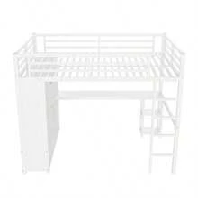 Queen Size Loft Bed Frame With Built-In Wardrobe, Metal Loft Bed With Desk And Storage Shelves, White-928 - Multicolor - View 11