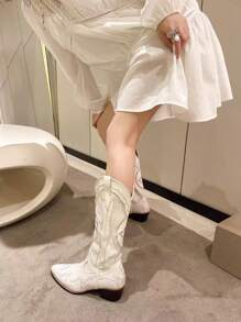 Women's Western Style Mid-Calf Boots With V-Cut, White Embroidery & Printed Decoration, Pointed Toe, Low & Chunky Heels, Tall Riding Boots,