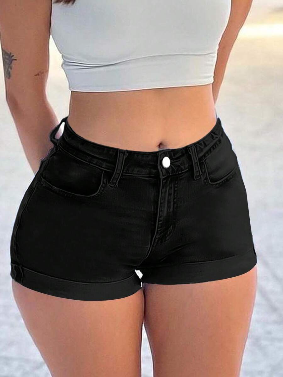 Fashionable Casual Women Tight Fit Straight Leg Denim Shorts, Summer - Black - View 1