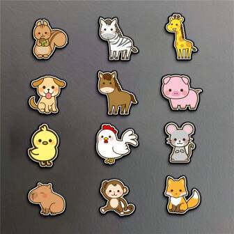 مجموعة 12 مغناطيس ثلاجة بتصميمات الحيوانات الكرتونية - ملصقات مغناطيسية إبداعية للثلاجة والأسطح المعدنية وسبورة البيضاء