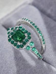 2pcs/Set Luxury Crystal Female Pink Zirconia Sqauarel Stone Ring Set Fashion Vintage Rose Gold Color Bridal Wedding Engagement Jewelry For Women - Ring Set - View 6