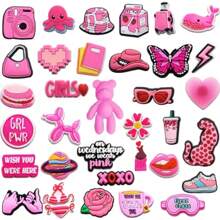 12pcs/22pcs Pink Series Holey Shoes Shoe Flower Set Accessories For Shoes, Beach Bag, Wristband Accessories - Detachable Creative DIY Accessories, Cartoon Design - Ideal Gift For Birthday, Christmas, Valentine's Day, Halloween