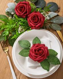 25Pcs Artificial Roses Flowers Fake Roses With Stems Real Touch Foam Flowers For DIY Wedding Bouquet Baby Shower Centerpiece Floral Arrangement Party Home Decor(Dark Red) - Dark Red - View 3