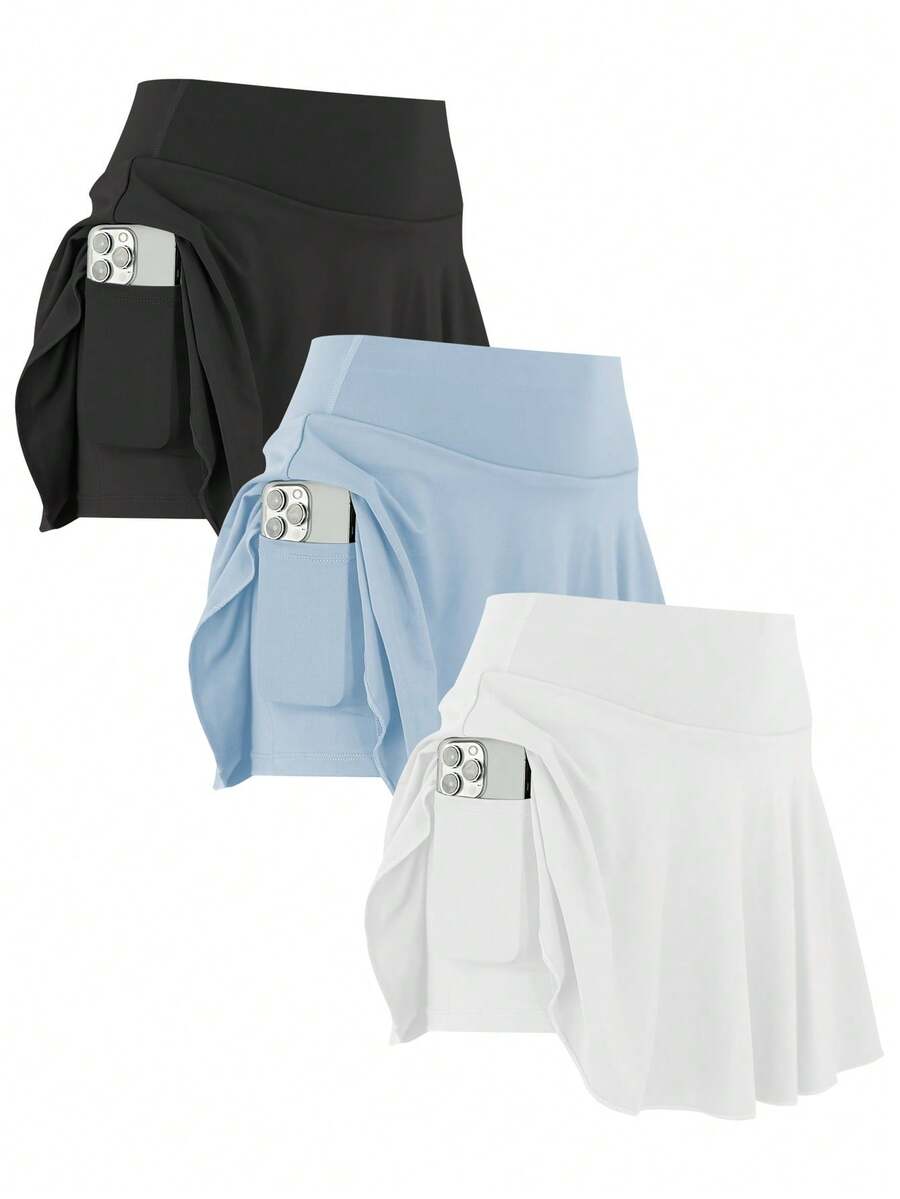 3pcs/Set Women Sports Skirt, Casual High Waist Workout Leggings, Running Shorts With Pockets Faux 2 Pieces Design - Nhiều màu - Xem 1