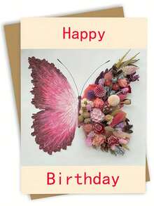 1pc Beautiful Floral & Butterfly Happy Birthday Greeting Card,School Supplies,Back To School