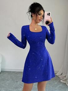 abyoxi Solid Color Square Neck Long Sleeve Slim Fit Waist Detail A-Line Mini Party Dress With Flash Fabric,Dating,Romantic,Simple,Hot Girl,Fashionable,Valentine's Day,Back To School,Fall/Winter Clothes For Women