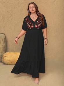 Rusttydustty Boho Kleid in Große Größen mit orangefarbener Blumenstickerei und Pailletten, perfekt für Ostern, Strand, Hawaii-Musikfestival und tropischen Urlaub - Schwarz - Übersicht 4