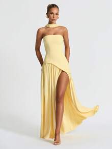 Elegante vestido de noche sexy de cóctel con escote halter, abertura y nudo delantero - Amarillo - Ver 6