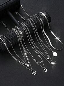 7pcs/3pcs Set Minimalist Heart & Star Layered Pendant Necklace Set, Suitable For Women, Date, Holiday Gift, Daily Wear, Valentine's Day, Gift For Mom, Mother's Day - Silver - View 1