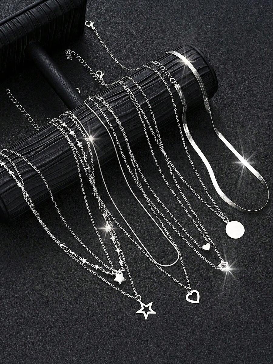 7pcs/3pcs Set Minimalist Heart & Star Layered Pendant Necklace Set, Suitable For Women, Date, Holiday Gift, Daily Wear, Valentine's Day, Gift For Mom, Mother's Day - Silver - View 1
