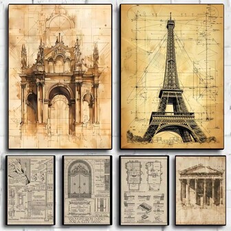 1 st/3 st väggkonstposters valfri ram/inramad vintage vintage arkitekturteckningar poster HD-konst självhäftande vägg vattentät hem vardagsrum sovrum bar estetisk dekoration