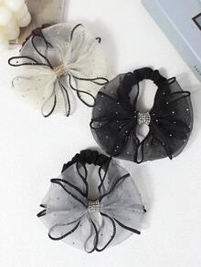 3件套女士多色水钻网纱蝴蝶结发圈套装，优雅情人节发绳，休闲马尾辫发饰，弹性发带，家居美发饰品 - 彩色 - 查看 7