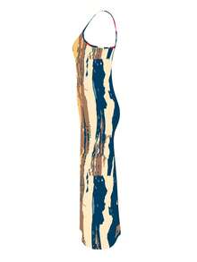 Women's Sleeveless Scoop Neck Bodycon Cami Dress With Abstract Print, High Stretch Knitted Fabric Backless Split Long Pencil Hem For Casual Elegant Sexy Boho Style - 彩色 - 查看 5