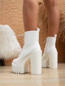 Giày bốt cao gót đế dày buộc dây thời trang mới thu/đông 2025 dành cho nữ, đế xuồng chống thấm nước, kiểu Anh - trắng - Xem 6