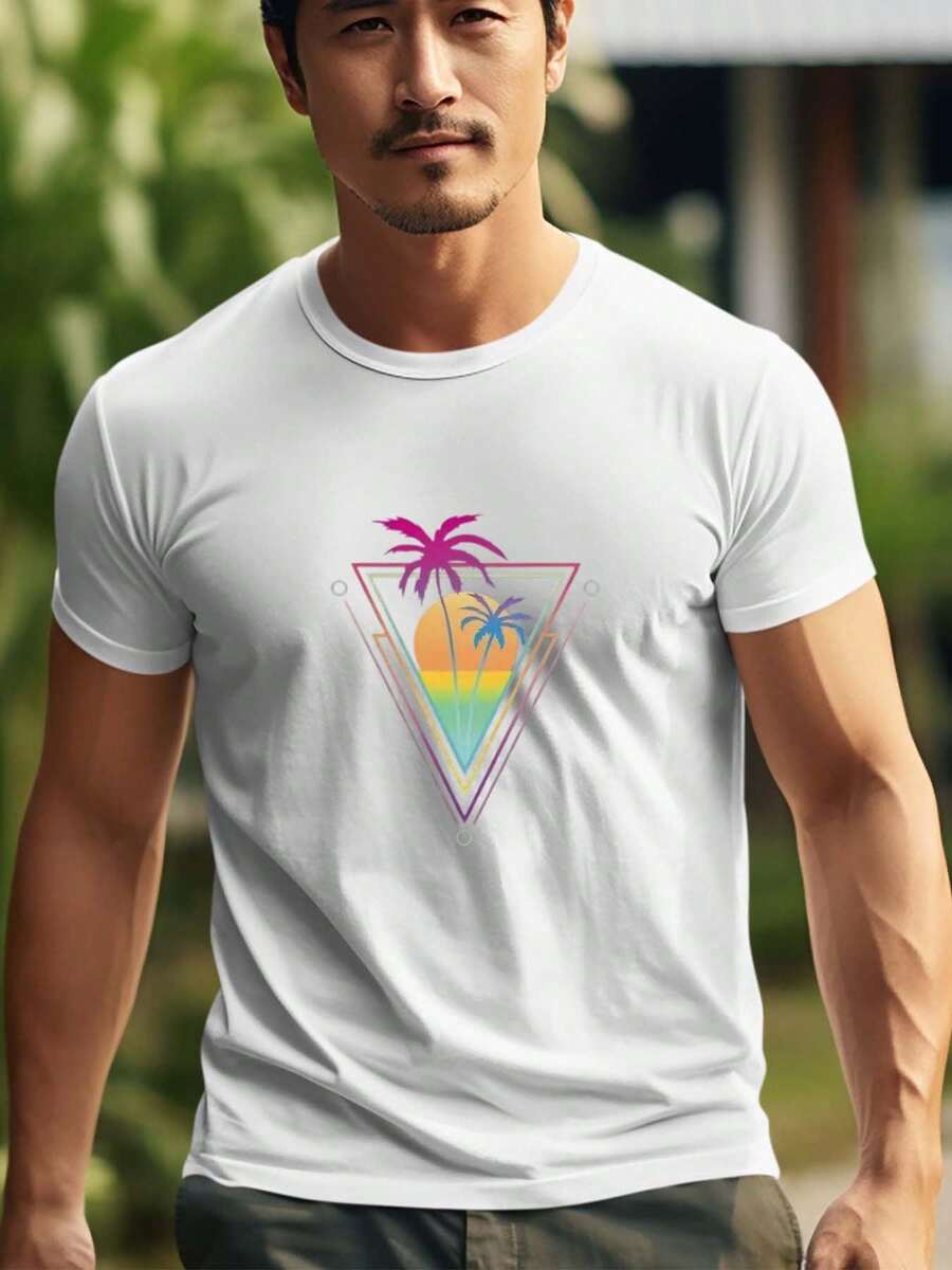 [New] Cute Style, Simple Pattern, 100% Cotton, Round Neck T-Shirt, Loose Fit, Comfortable, Men's Casual Top - 白色 - 查看 1