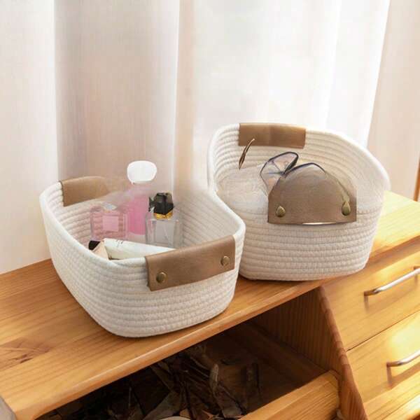 1pc Light-Colored Woven Storage Basket With Leather Handles, Suitable For Storing Snacks, Fruits, Toys On Tabletop, Home Decor And Gift Baskets For Holidays