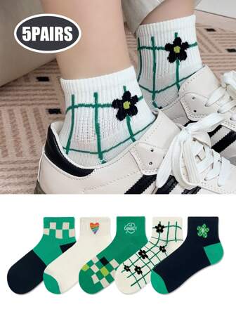 5 pares de calcetines cortos de algodón peinado suave y transpirable con diseños escandinavos romántico-pastorales lindos y divertidos para mujer, aptos para primavera/verano/otoño