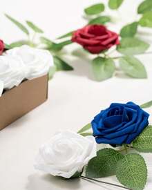 25Pcs Artificial Roses Flowers Fake Roses With Stems Real Touch Foam Flowers For DIY Wedding Bouquet Baby Shower Centerpiece Floral Arrangement Party Home Decor(Dark Red) - Blue White Red - View 6