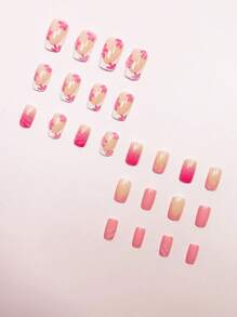 Instantly Enhances Your Charm 24pcs Press On Nails Medium Modern Fashion Fake Nails, White French Border And Pink French Blend, Ins Style 3D Transparent Wavy Line Pattern And 3D Transparent Pink And White Flowers, Sweet And Elegant Nail Art, Beautiful Temperament Fully Covered Fake Nail Set, Suitable For Girls And Women's Daily Wear, Beach Parties And Dances, Press On Fake Nail Supplies