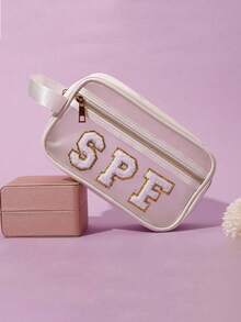 1 件防水 PVC 透明化妆包带手柄，男女通用，雪尼尔字母设计化妆包，户外旅行便携式洗漱用品收纳包，可爱礼物，适合女性化妆旅行洗漱用品收纳包透明必备礼品收纳拉链配件美甲旅行必备假期暑假返校学校用品包女士旅行化妆包 - 彩色 - 查看 1