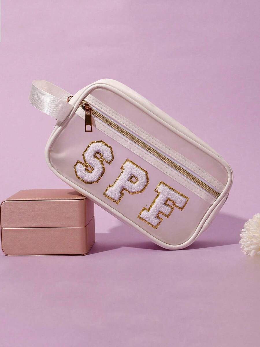 1 件防水 PVC 透明化妆包带手柄，男女通用，雪尼尔字母设计化妆包，户外旅行便携式洗漱用品收纳包，可爱礼物，适合女性化妆旅行洗漱用品收纳包透明必备礼品收纳拉链配件美甲旅行必备假期暑假返校学校用品包女士旅行化妆包 - 彩色 - 查看 1