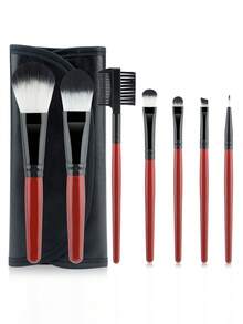 7件套化妆刷套装，带钱包式收纳盒，适合初学者的眼影刷，便携旅行装，红木手柄 - 彩色 - 查看 8