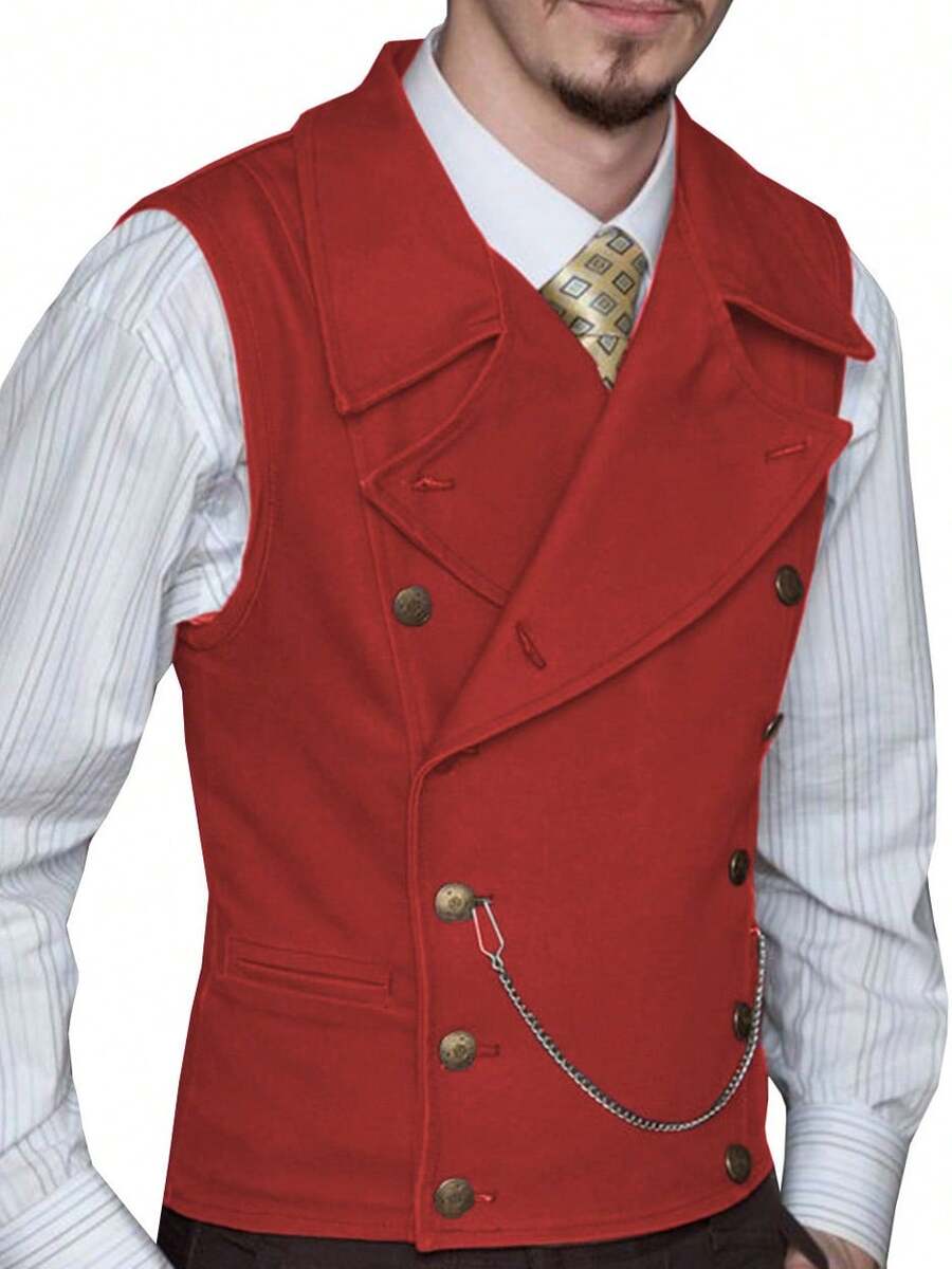 Men's Suede Vests Double Breasted Cowboy Suit Western Vest Classic Groomsmen Wedding Waistcoat For Work And Casual - 紅色 - 查看 1