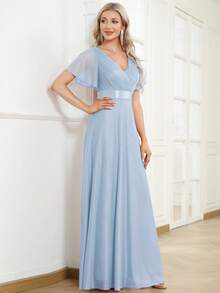 EVERPRETTY Elegant Shiny V-Neck Ruffle Sleeve Light Blue Bridesmaid Dress, Suitable For Wedding Guests, Formal Dinners And Other Semi-Formal Occasions Spring - Baby Blue - View 4