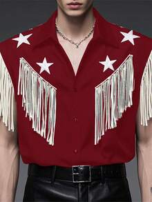 INCERUN Men Button Sleeveless Star Tassels Patchwork Holiday Shirt Casual Loose Tops Gothic Punk Summer Blouse - Red - View 2
