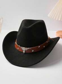 1. Herren Hut schwarzer Hut, neutraler Retrohut-Stil, stierförmige Verzierung, geeignet für Alltag Outfit, Western-Cowboy-Partys, Bar Alltag Outfit, Lässig Polyesterfaser (Polyester)