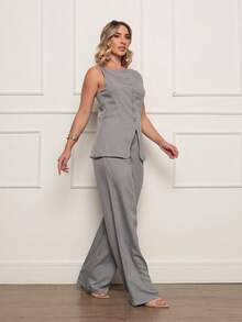 Laris Women's Tailored Work Set: Button-Down Blouse And Dress Pants - Màu Xám nhạt - Xem 3