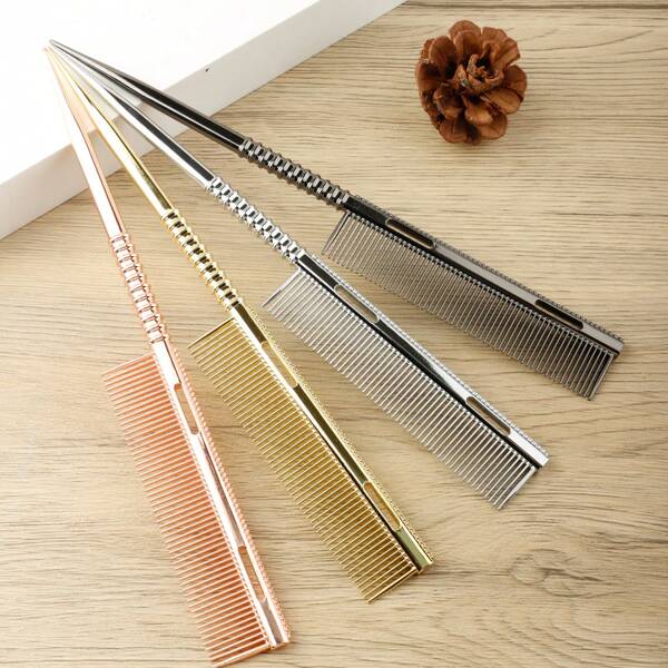 1pc New Electroplated Pointed Tip Aluminum Hair Comb, Women Hair Dyeing Sectioning Teasing Salon Hairstyling Brush,Heat Resistant Anti-Static Comb With Spiral Non-Slip Handle And Fine Teeth